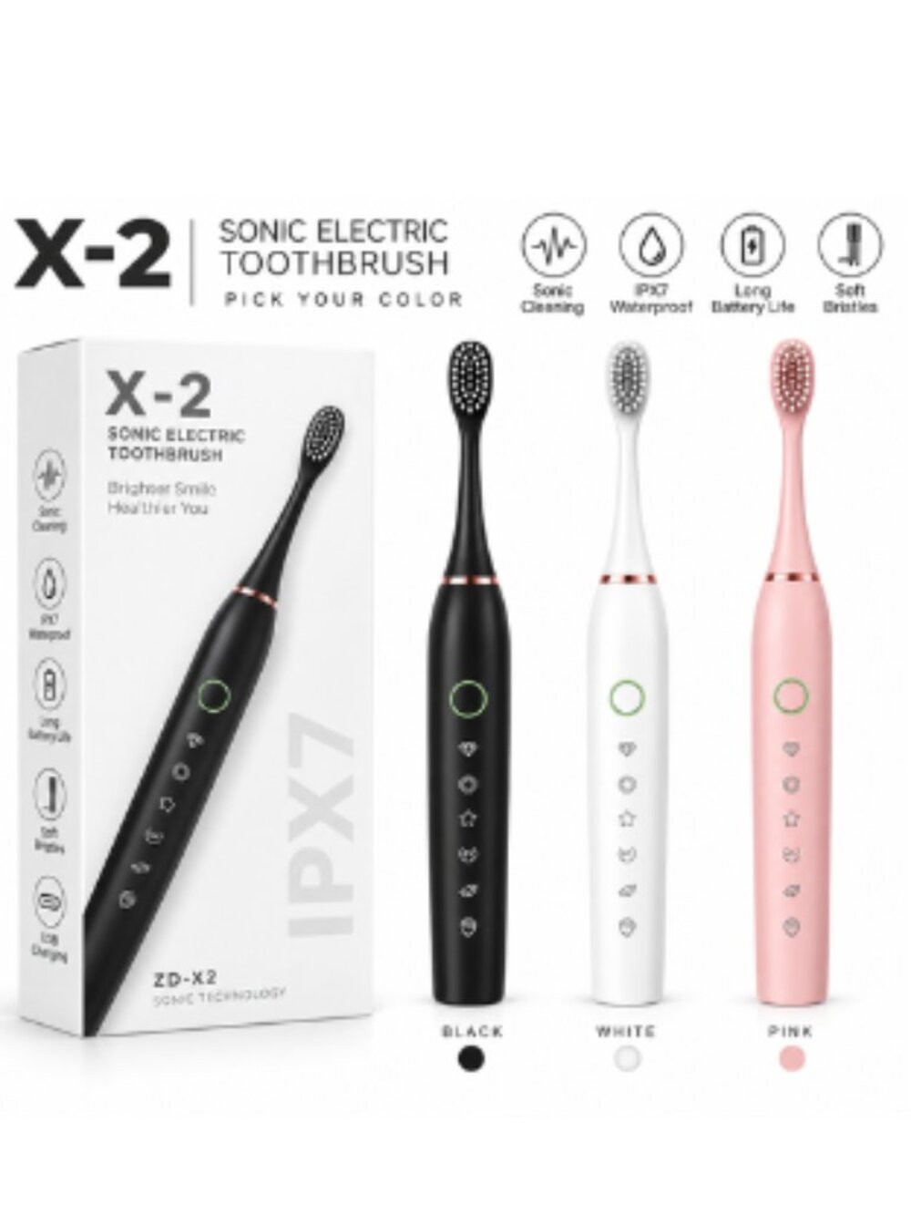 X-2 Sonic Electric Toothbrush IPX7 Waterproof 6 Modes Fast Charging ZD-X2